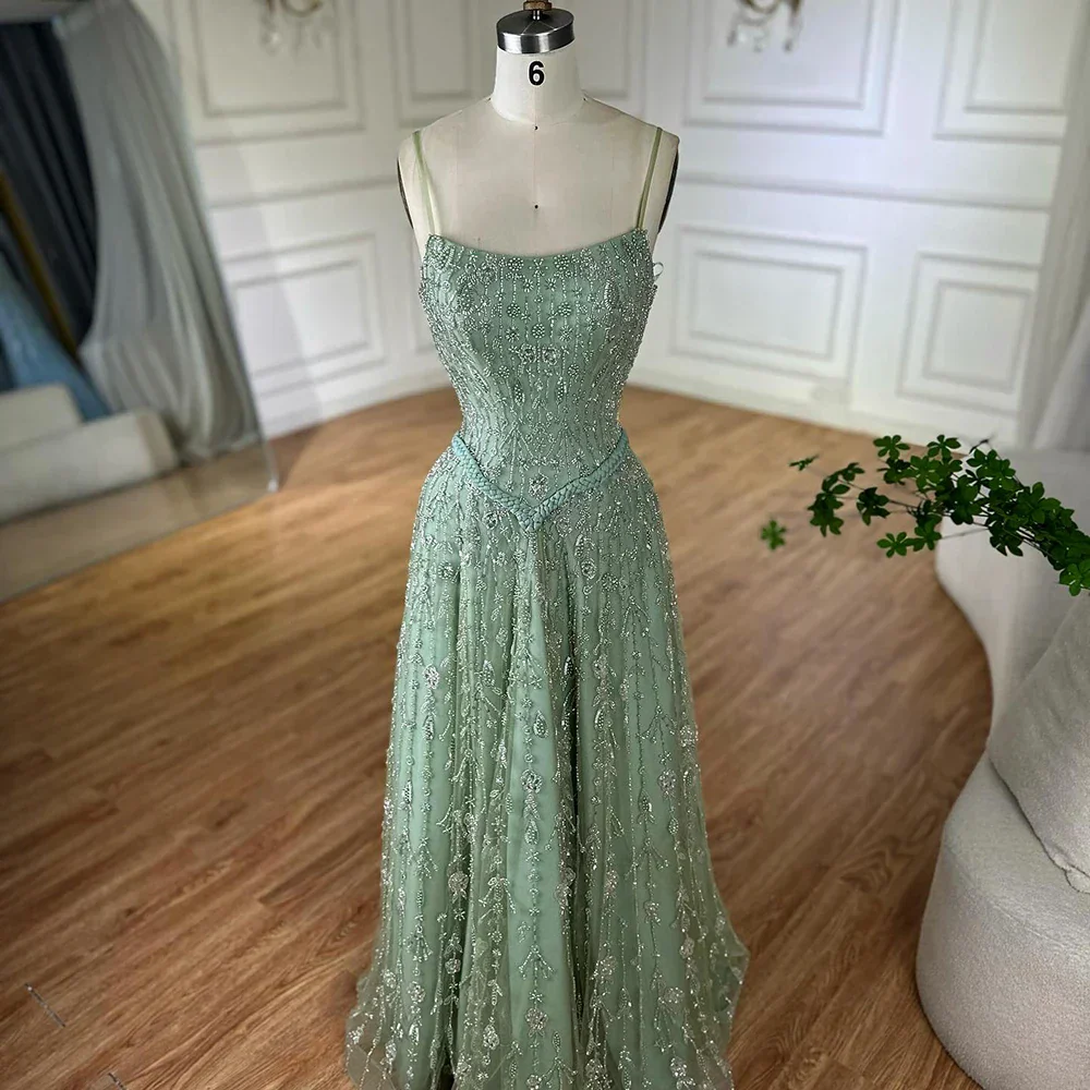 Luxury Sage Green Beaded A-Line Spaghetti Strap Evening Dress - Image 17