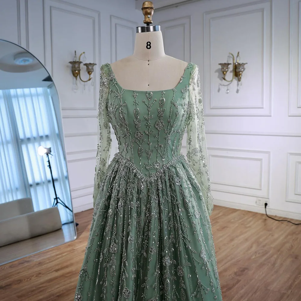 Luxury Sage Green Beaded Evening Dress with Long Sleeves LA72805B - Image 8
