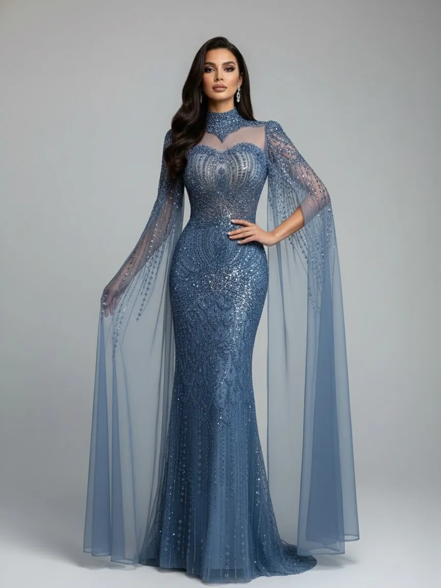Luxury Modest Blue Mermaid Evening Dress with Cape LA73006