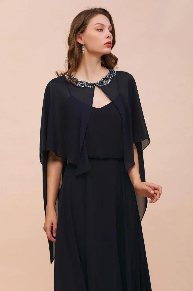 Navy Blue Bridesmaid Dress with Beading Wraps Floor Length Chiffon Maid of Honor Dress - Image 6