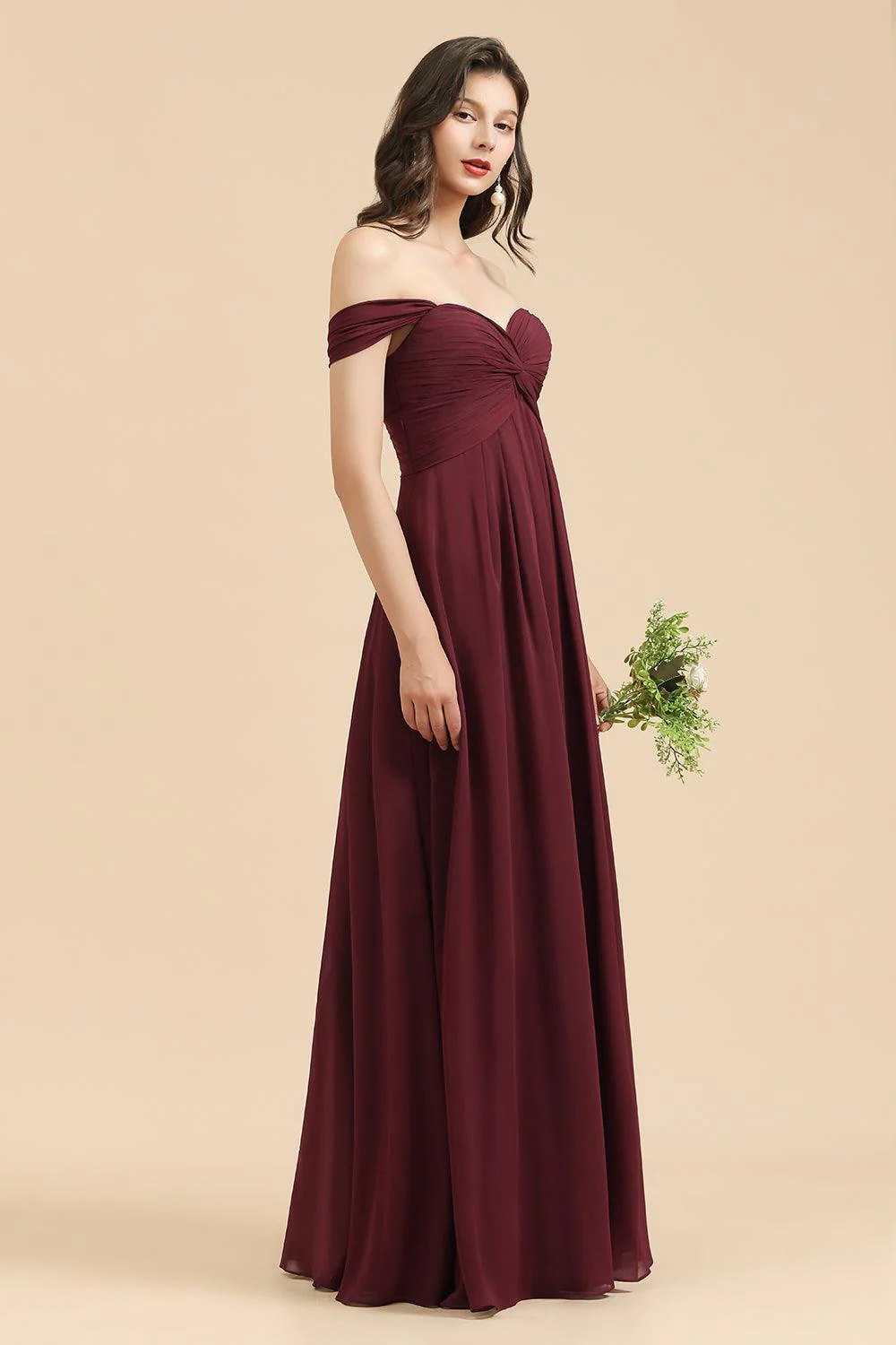 New Arrival A-line Off-the-shoulder Sweetheart Burgundy Long Bridesmaid Dress - Image 3