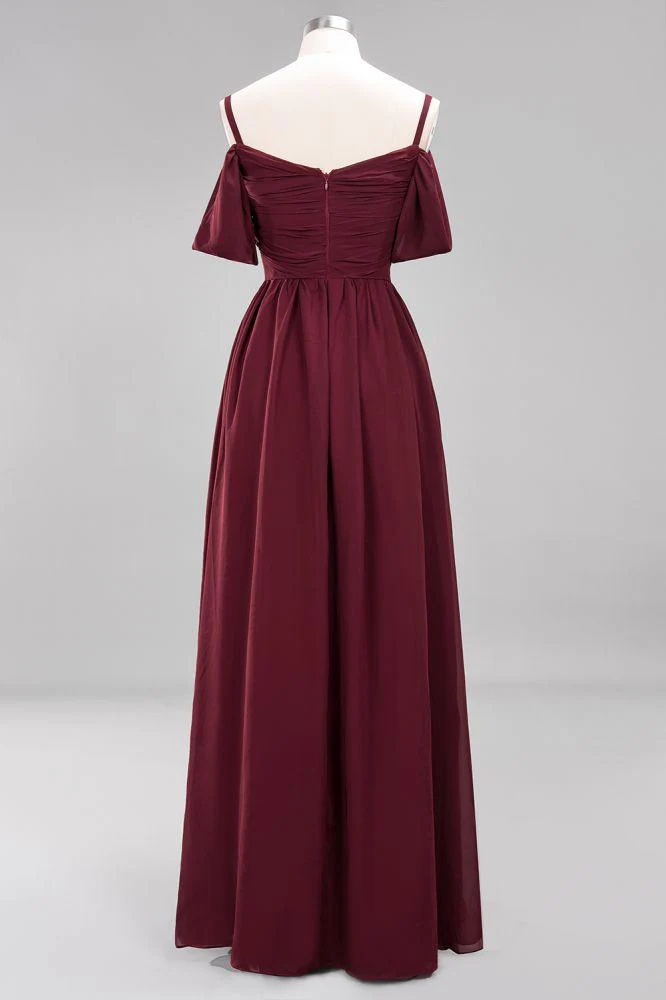 Off-the-Shoulder A-line Chiffon Bridesmaid Dress Floor-Length Wedding Guest Dress - Image 42