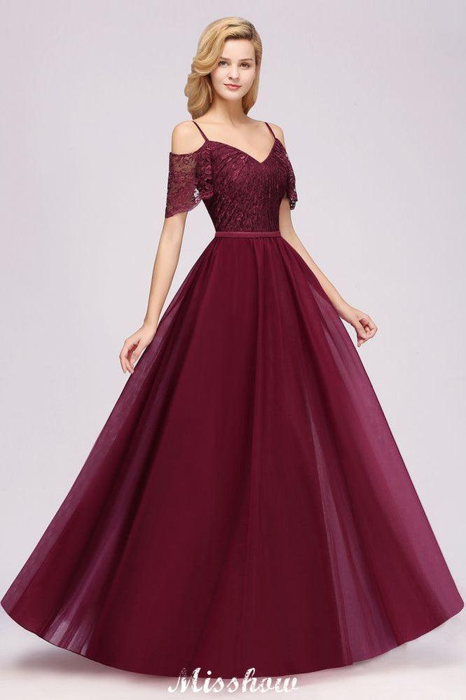 Off the Shoulder Burgundy Aline Bridesmaid Dress Floor Length Tulle Evening Maxi Gown - Image 3