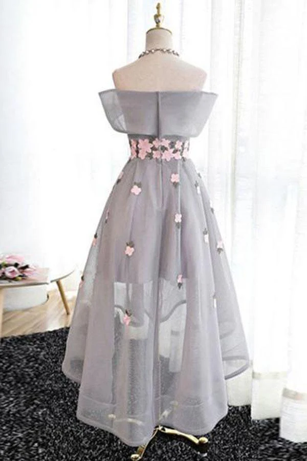 Off-the-Shoulder High Low Grey Tulle Homecoming Dress With Appliques - Image 2