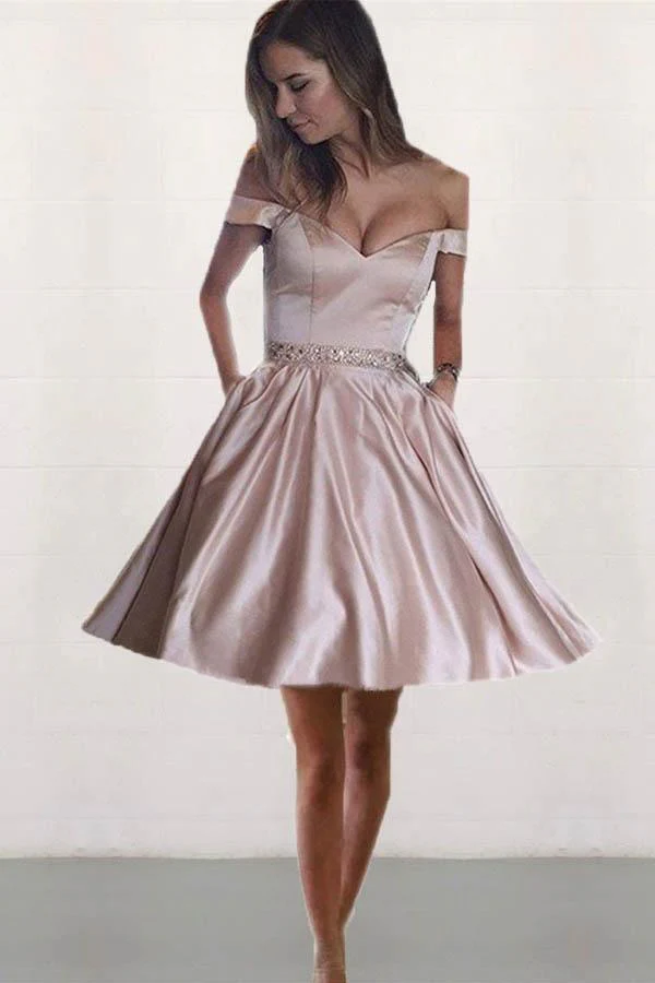 Off the Shoulder Satin Beaded Homecoming Dresses with Pocket