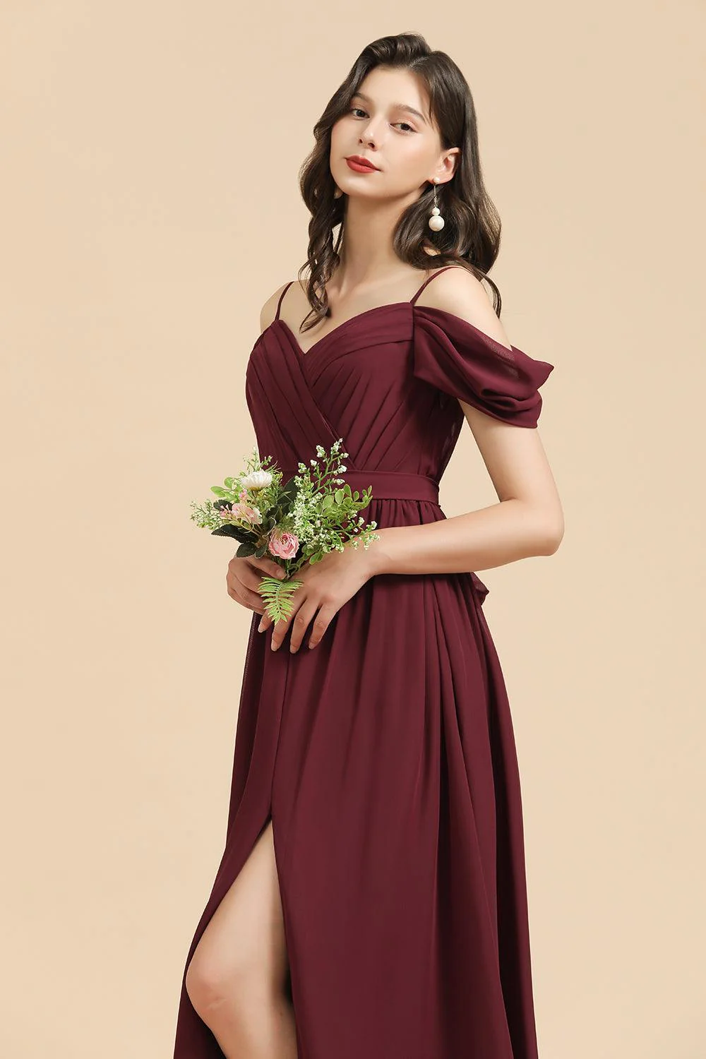 Off-the-Shoulder Sweetheart Burgundy Long Bridesmaid Dress With Slit - Image 3