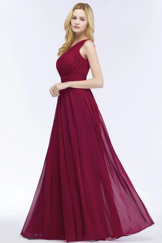 One-shoulder Floor Length Burgundy Ruffled Chiffon A-line Bridesmaid Dresses - Image 4