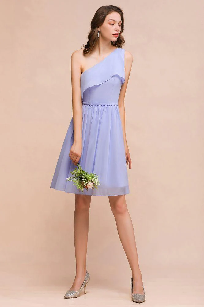 One Shoulder Lavender Mini Bridesmaid Dress Chiffon Knee Length Simple Daily Dress - Image 4