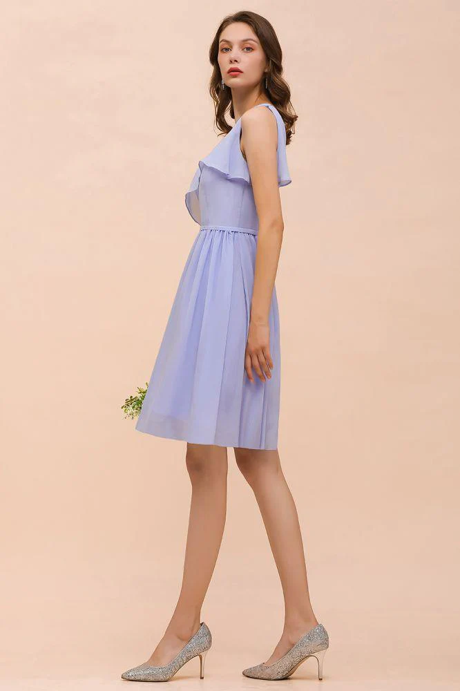 One Shoulder Lavender Mini Bridesmaid Dress Chiffon Knee Length Simple Daily Dress - Image 6