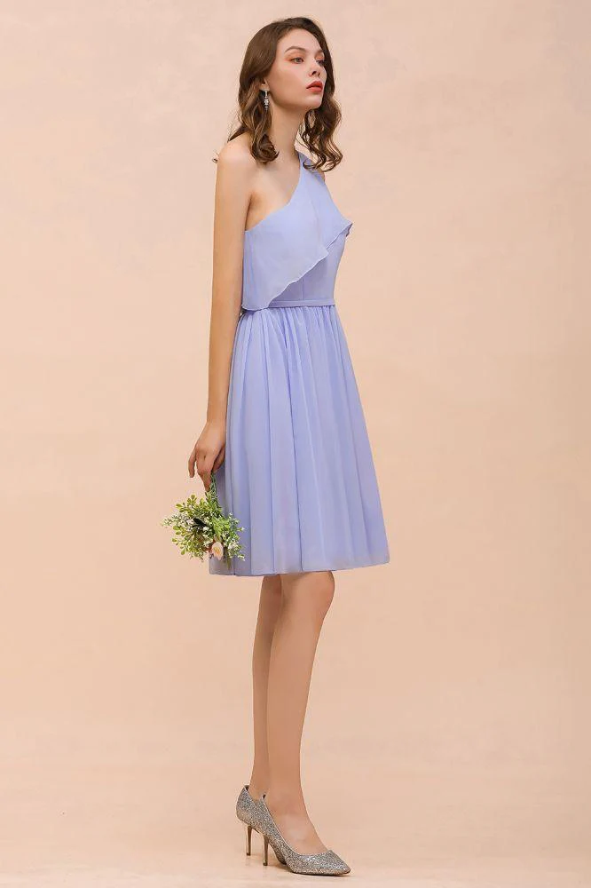 One Shoulder Lavender Mini Bridesmaid Dress Chiffon Knee Length Simple Daily Dress - Image 7
