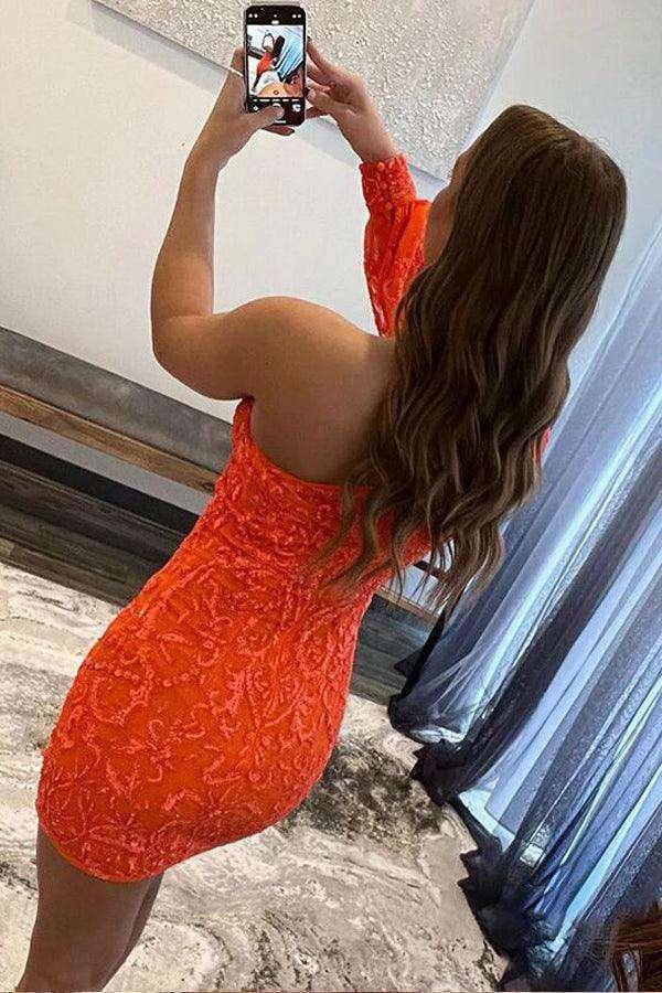 One Shoulder Tight Short Prom Dress Orange Homecoming Dress - Image 2