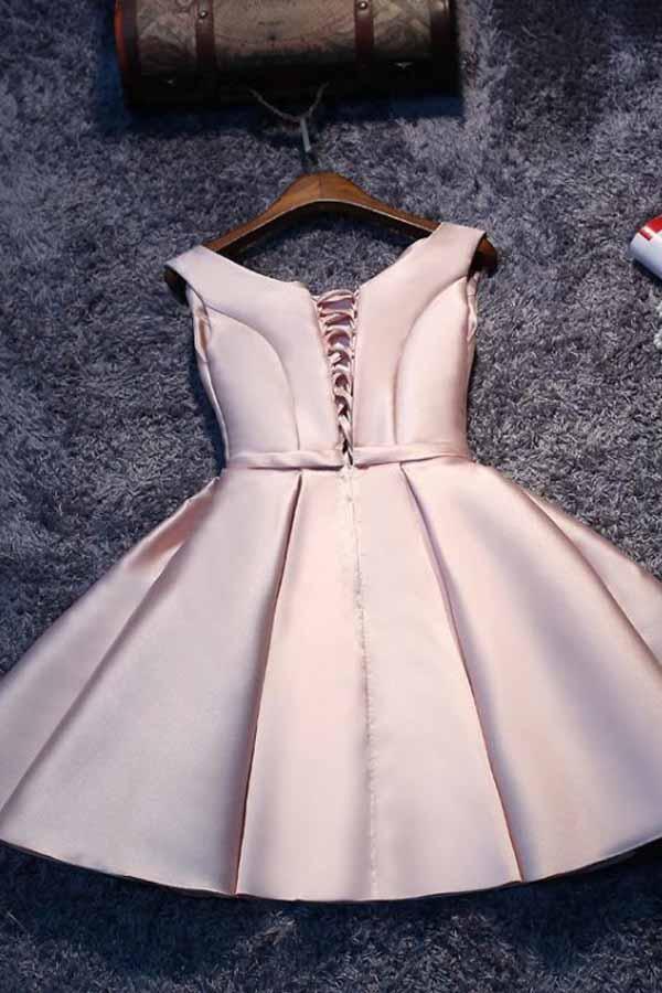 Pink A-line Lace-up Satin Short Homecoming Dress Party Dress - Image 3