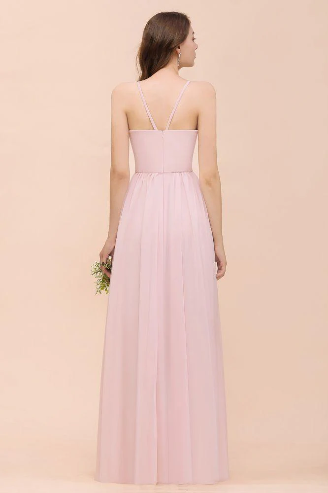 Pink Girls Bridesmaid Dress Halter Floor Length Chiffon Beach Wedding Party Dress - Image 2