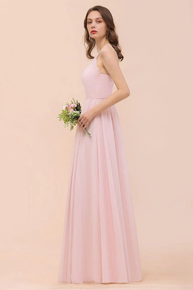 Pink Girls Bridesmaid Dress Halter Floor Length Chiffon Beach Wedding Party Dress - Image 8