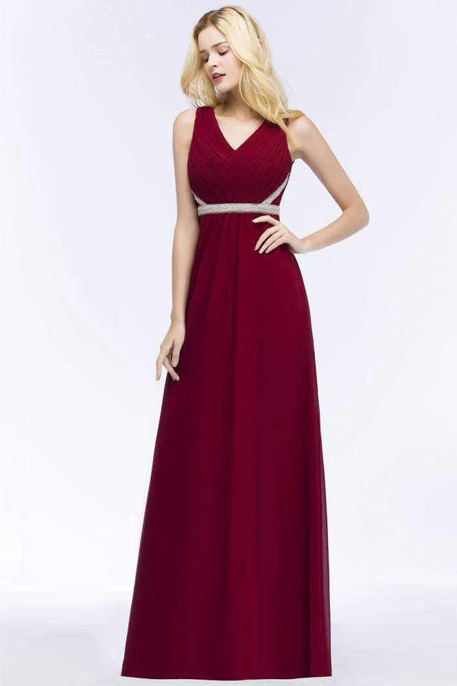 Plus Size A-line V-neck Long Sleeveless Ruffled Chiffon Bridesmaid Dresses with Beading Sash - Image 3