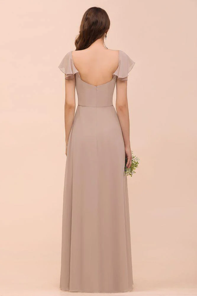 Puff Sleeve Khaki Bridesmaid Dress Side Spolit Maid of honor dress - Image 2