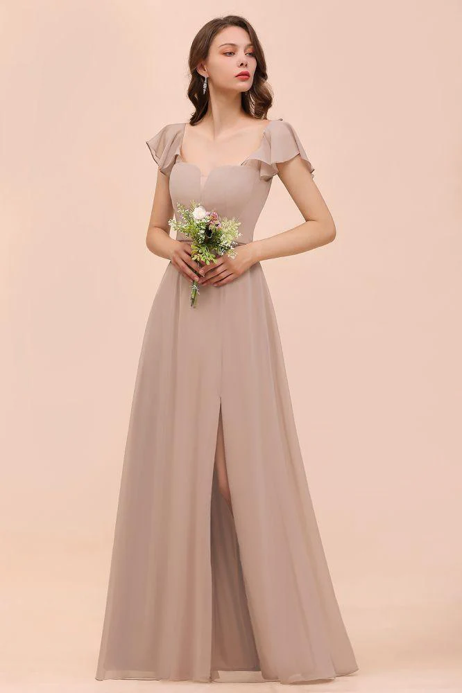 Puff Sleeve Khaki Bridesmaid Dress Side Spolit Maid of honor dress - Image 5