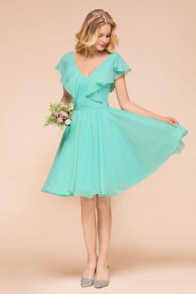 Puffy Knee Length Bridesmaid Dress Chiffon V-Neck Casual Short Dress - Image 4
