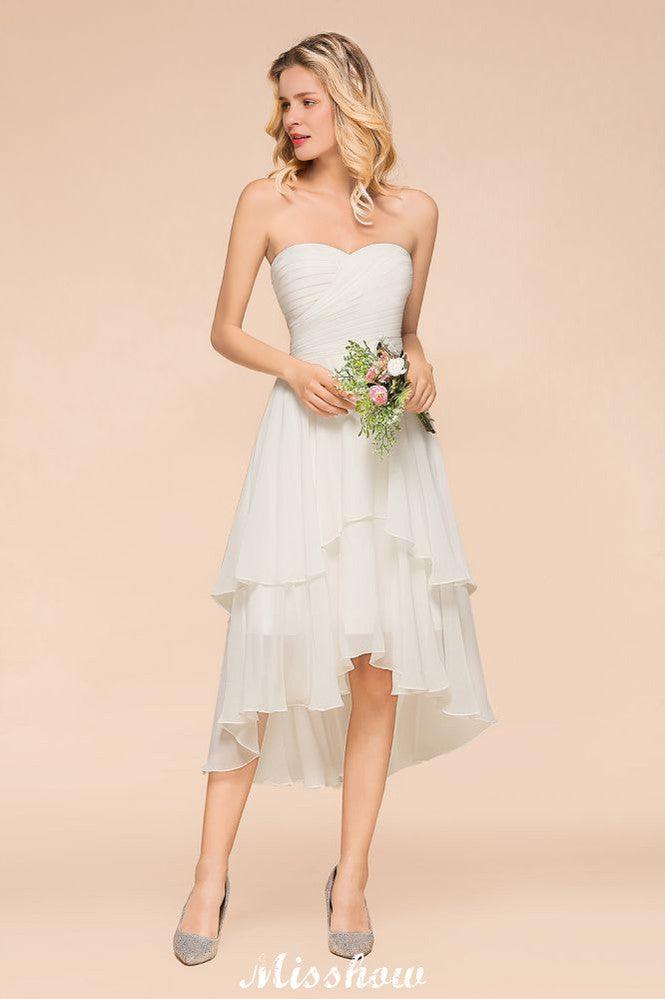 Romantic White/Ivory Sweetheart Hi-Lo Bridesmaid Dress Sleeveless Beach Wedding Guest Dress - Image 3