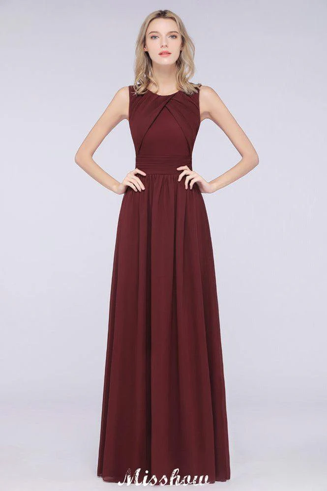 Round-Neck Floor-Length Ruffles Chiffon Bridesmaid Dress Aline Sleeveless Maid of Honor Dress - Image 3