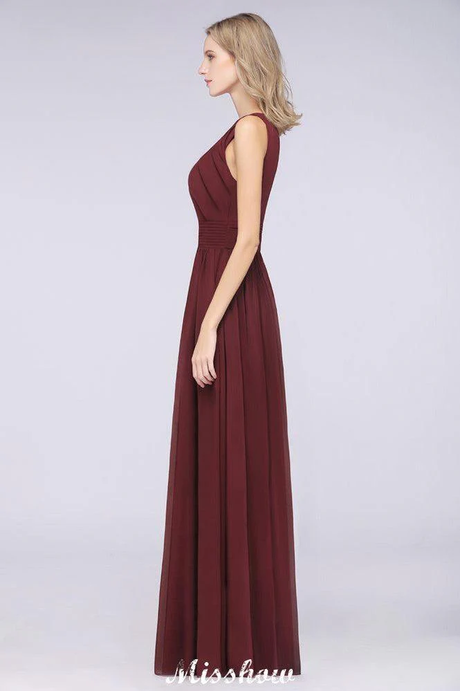 Round-Neck Floor-Length Ruffles Chiffon Bridesmaid Dress Aline Sleeveless Maid of Honor Dress - Image 5