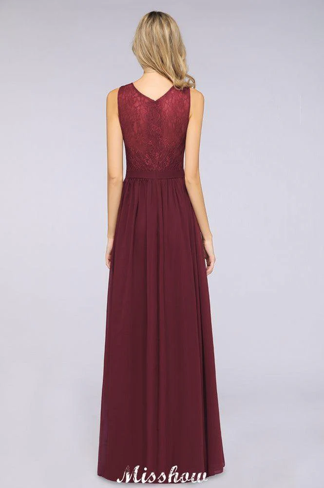 Ruffle A-Line Floor-Length Bridesmaid Dress Chiffon Lace V-Neck Evening Dress - Image 2