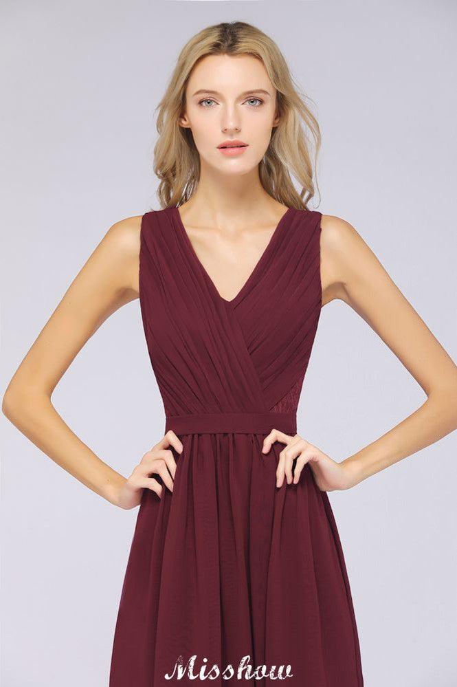 Ruffle A-Line Floor-Length Bridesmaid Dress Chiffon Lace V-Neck Evening Dress - Image 4
