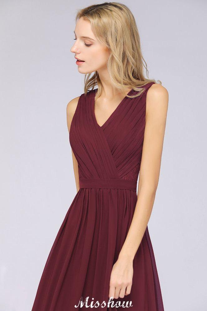 Ruffle A-Line Floor-Length Bridesmaid Dress Chiffon Lace V-Neck Evening Dress - Image 5