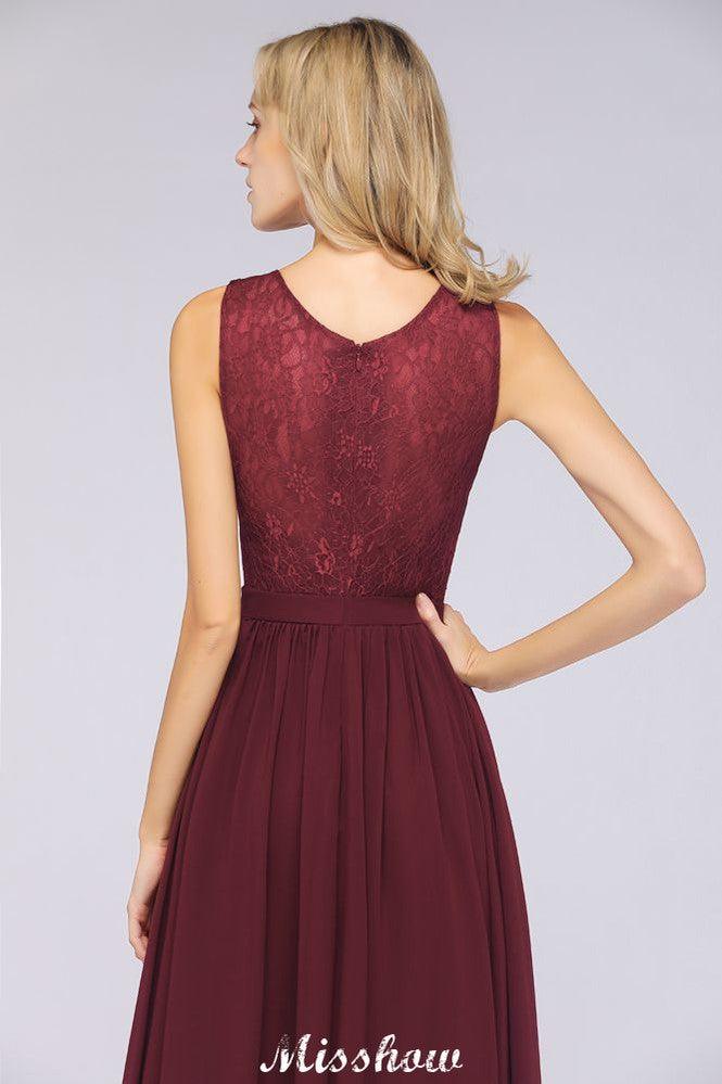 Ruffle A-Line Floor-Length Bridesmaid Dress Chiffon Lace V-Neck Evening Dress - Image 6