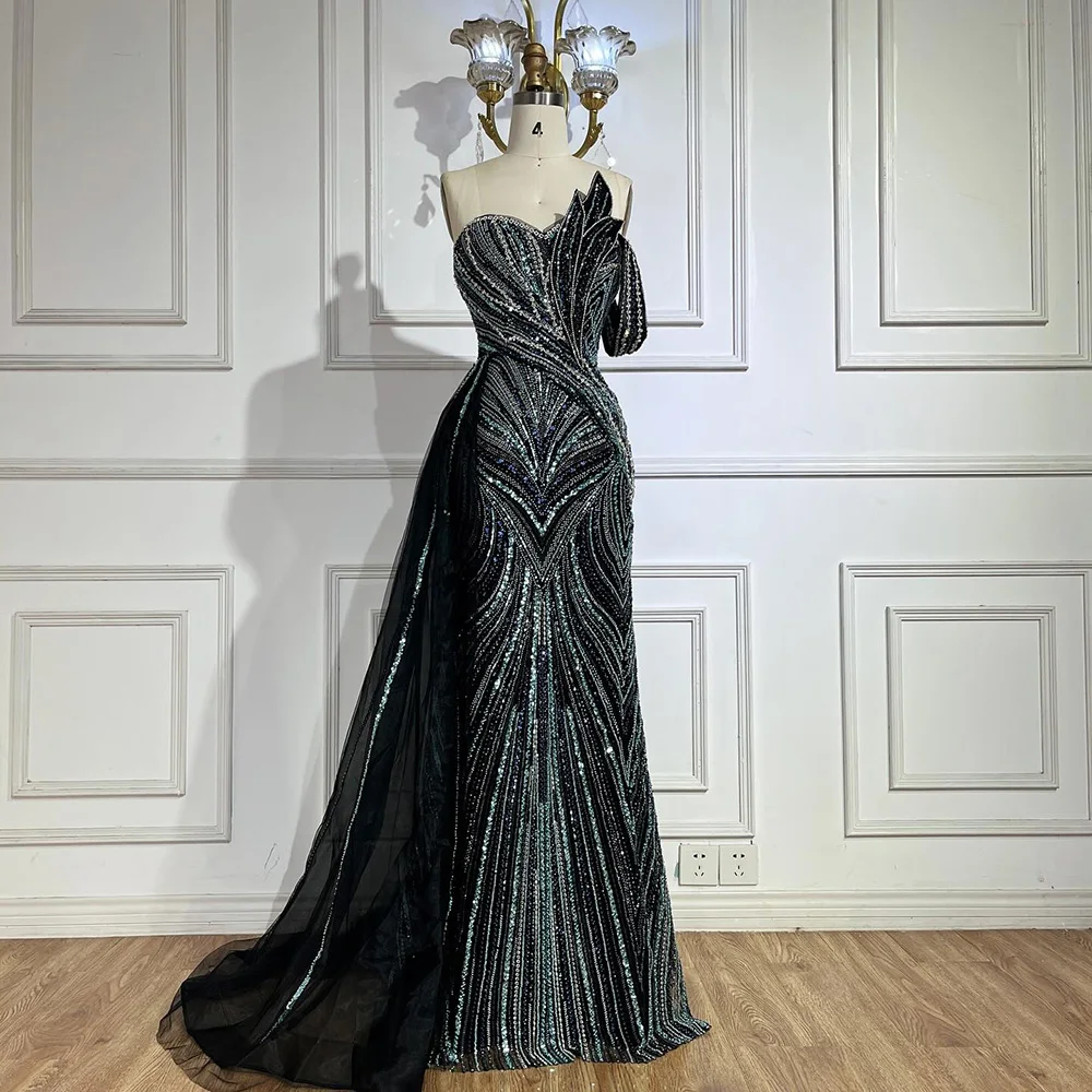 Luxury Dubai  Arabic Blue One Shoulder Luxury Dubai Evening Gown with Side Overskirt Beaded Dress for Women's Party LA72662 - Image 10