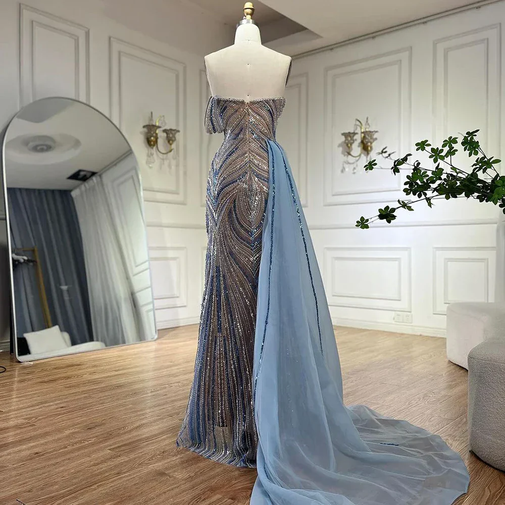 Luxury Dubai  Arabic Blue One Shoulder Luxury Dubai Evening Gown with Side Overskirt Beaded Dress for Women's Party LA72662 - Image 9