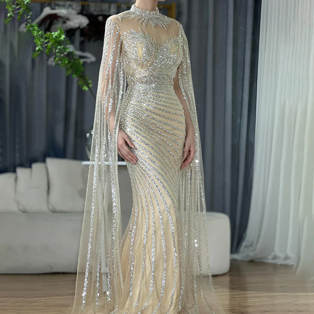 Luxury Dubai Arabic Nude Mermaid Long Evening Dresses With Cape