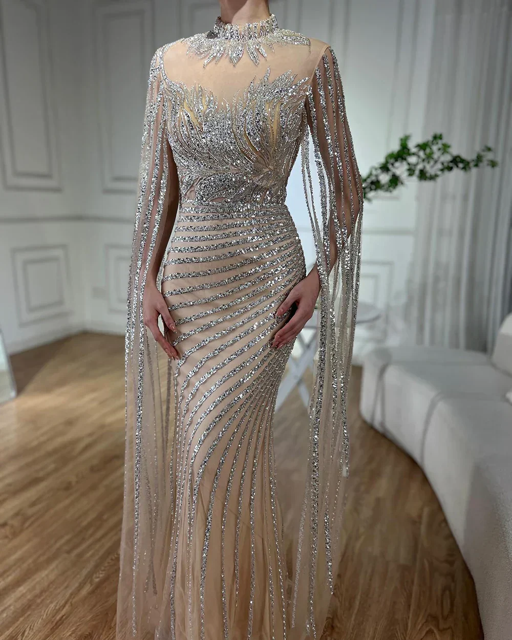Luxury Dubai Arabic Nude Mermaid Long Evening Dresses With Cape - Image 6