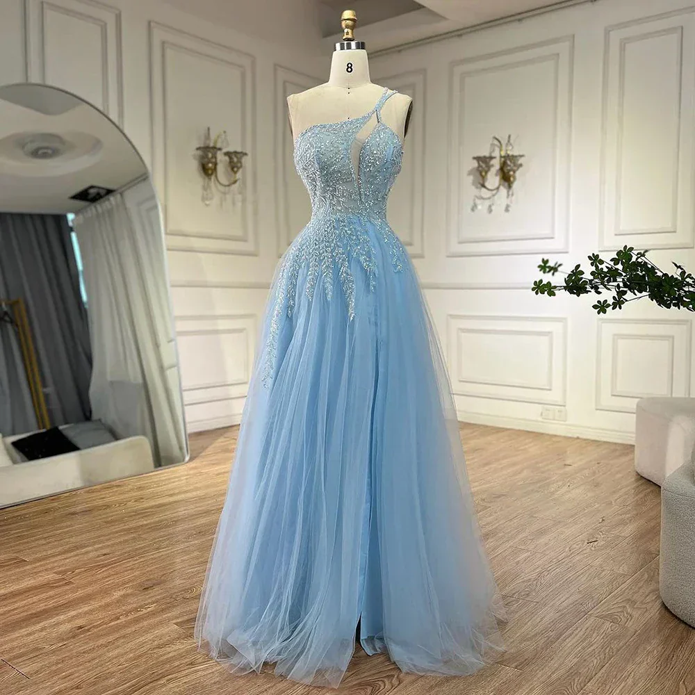 Serene Hill Blue Spaghetti Strap A Line One Shoulder Prom Dress - Image 6