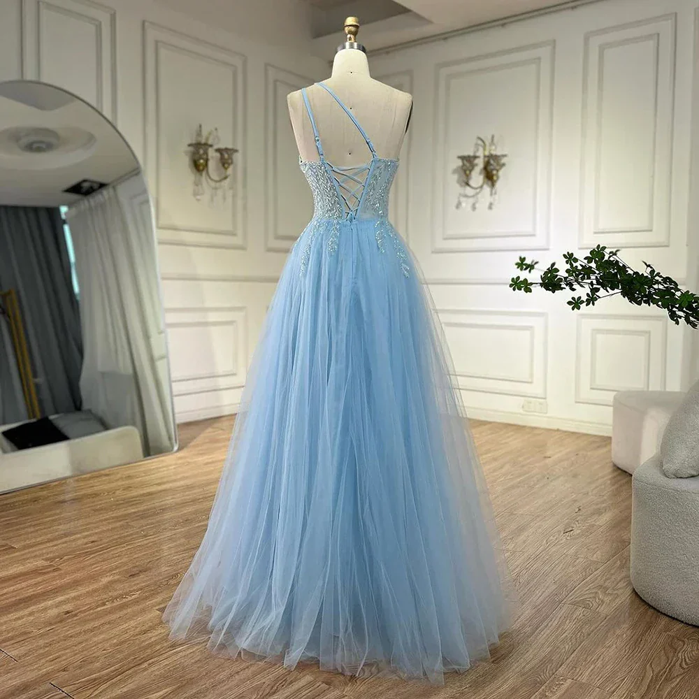 Serene Hill Blue Spaghetti Strap A Line One Shoulder Prom Dress - Image 8