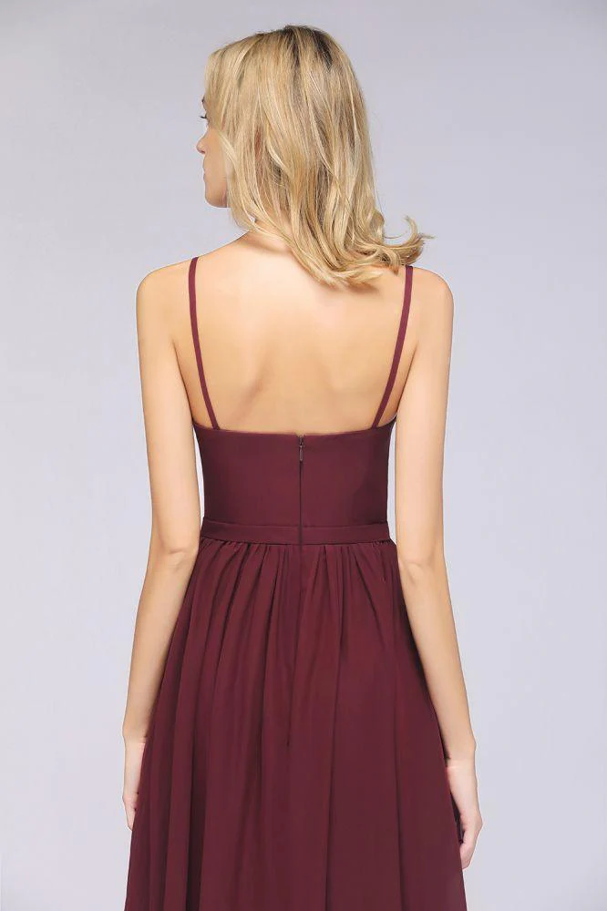 Sexy Double Deep V-Neck Ruffles Sleeveless Bridesmaid Dress Chiffon Side Split Evening Party Dress - Image 8