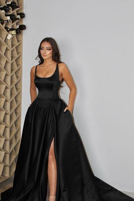 Sexy spaghetti straps sleeveless a-line satin evening dresses split front - Image 2