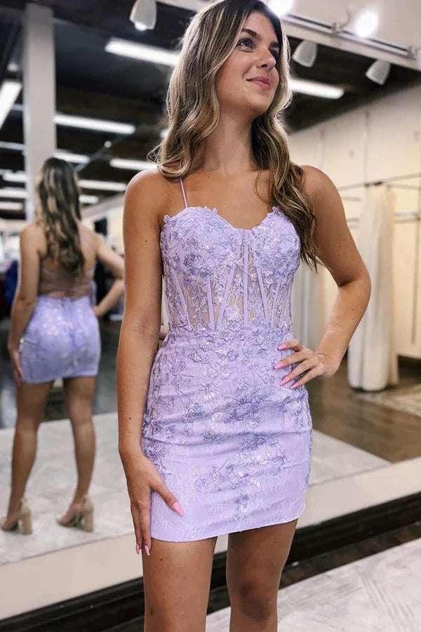 Sheath Spaghetti Straps Lace Appliques Tight Homecoming Dresses - Image 2