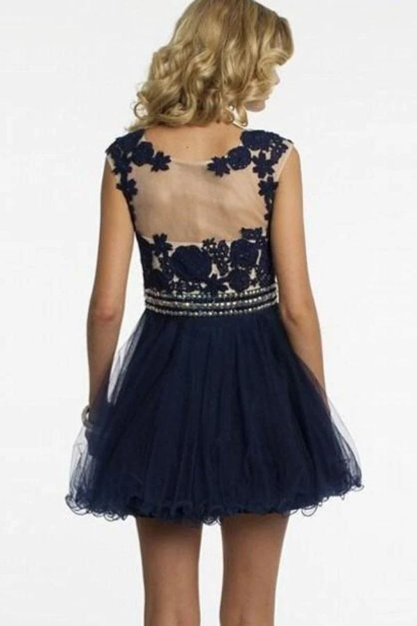 Short Navy Blue Homecoming Dress with Appliques Beading - Image 2