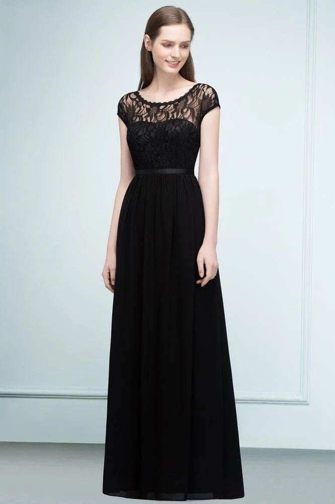 Short Sleeves Lace A-line Floor Length Bridesmaid Dresses with Sash - Image 2