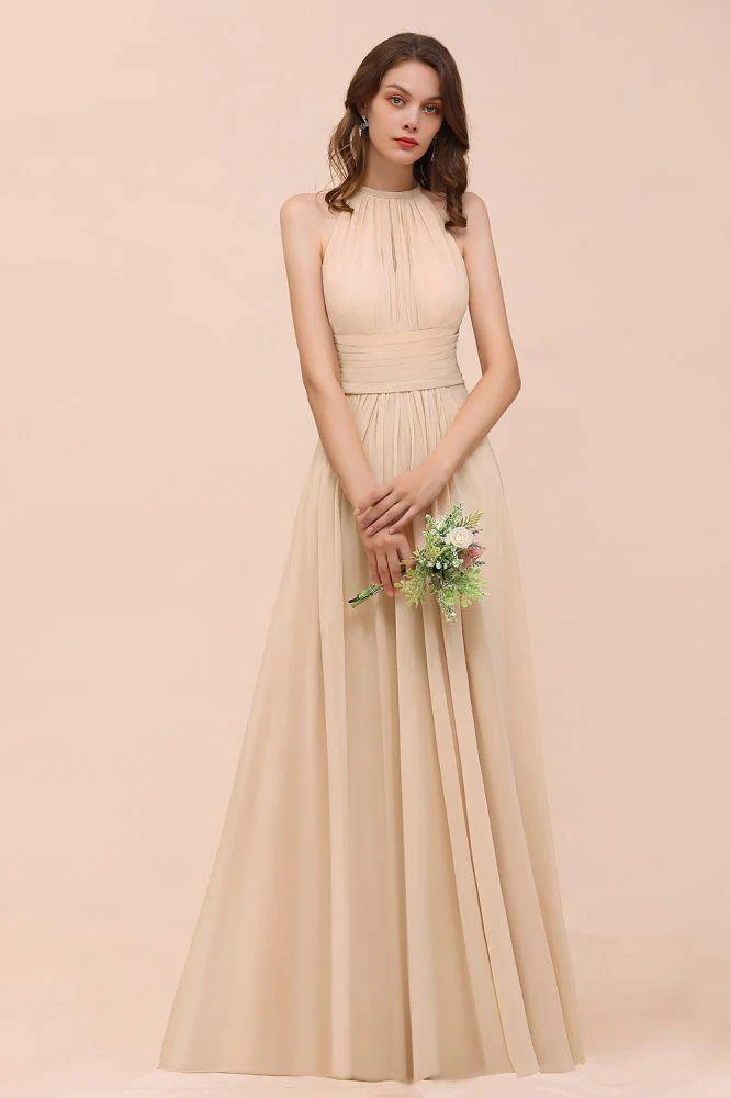 Simple Halter Champagne Slim Long Bridesmaid Dress - Image 4