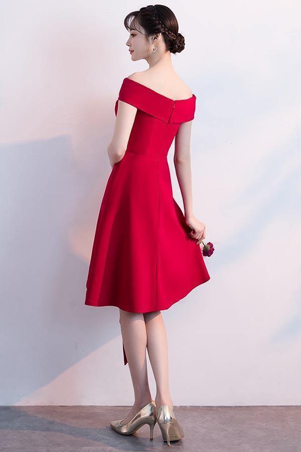 Simple Red Satin Off The Shoulder Homecoming Dresses Party Dresses - Image 2