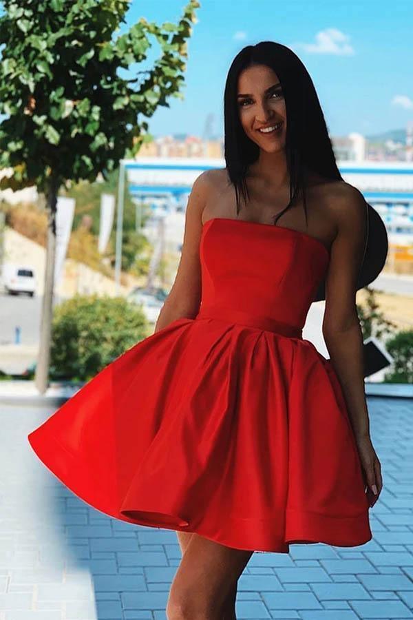 Simple Red Satin Strapless Short Formal Homecoming Dress  PD376 - Image 3