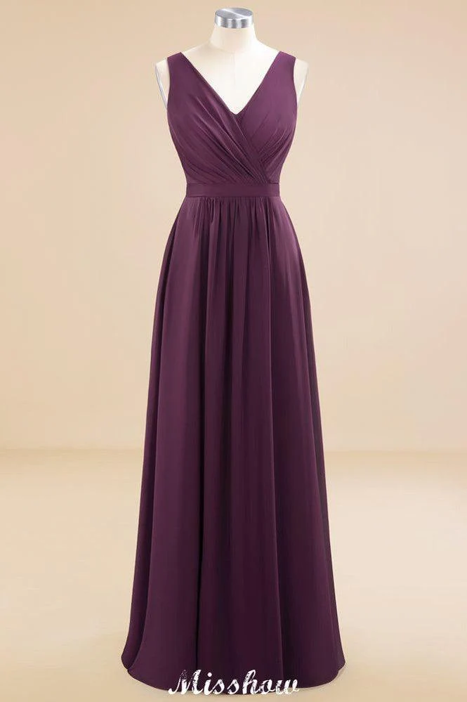 Sleeveless A-line Chiffon Bridesmaid Dress Floor-Length V-Neck Party Gown - Image 10