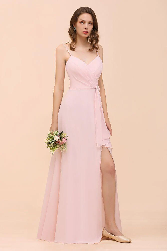 Spaghetti Side Split Pink Bridesmaid Dress Beach Simple Wedding Dress - Image 7