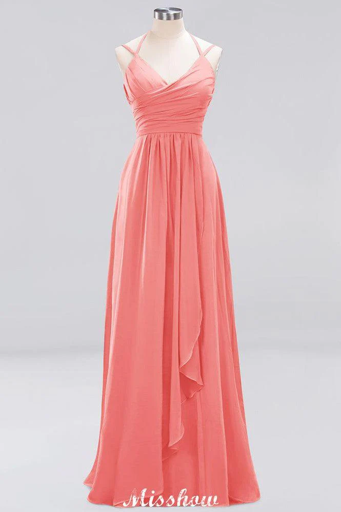 Spaghetti Sleeveless Ruffles A-line Chiffon Bridesmaid Dresses Straps Evening Maxi Dress - Image 12