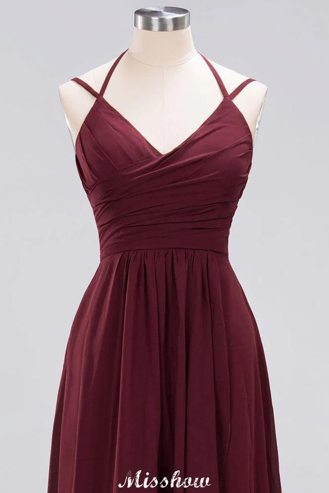 Spaghetti Sleeveless Ruffles A-line Chiffon Bridesmaid Dresses Straps Evening Maxi Dress - Image 41