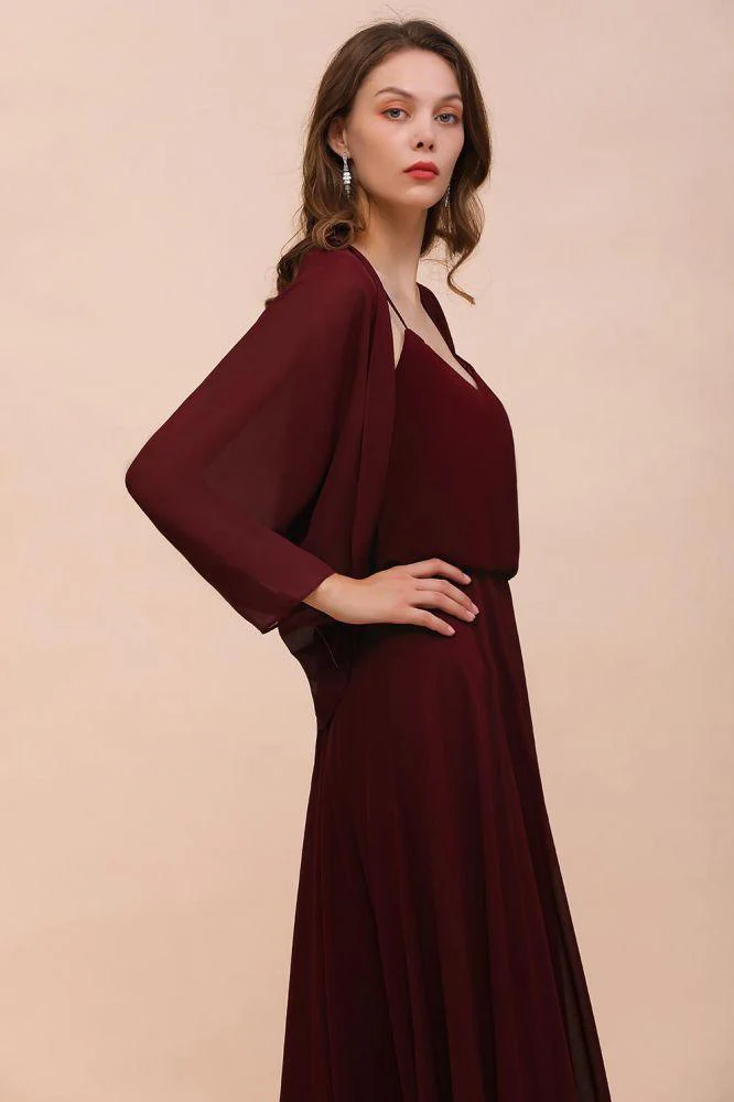 Spaghetti Sraps Burgundy Bridesmaid Dress with Wraps Floor Length Wedding Guest Dres - Image 8