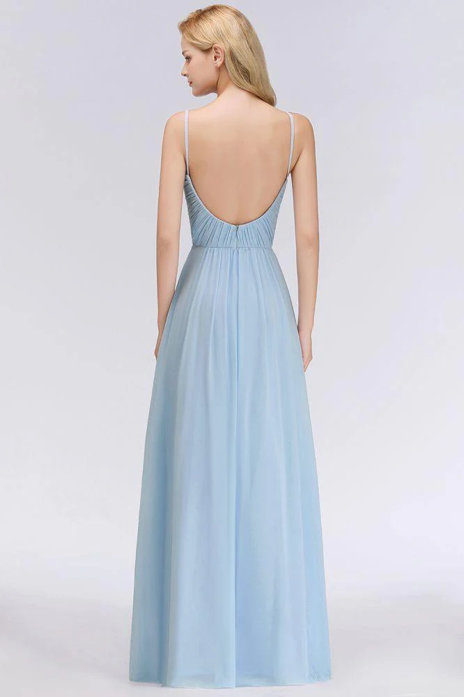 Spaghetti Straps Ruggle Chiffon Bridesmaid Dress Sky Blue A-line Wedding Party Dress - Image 2