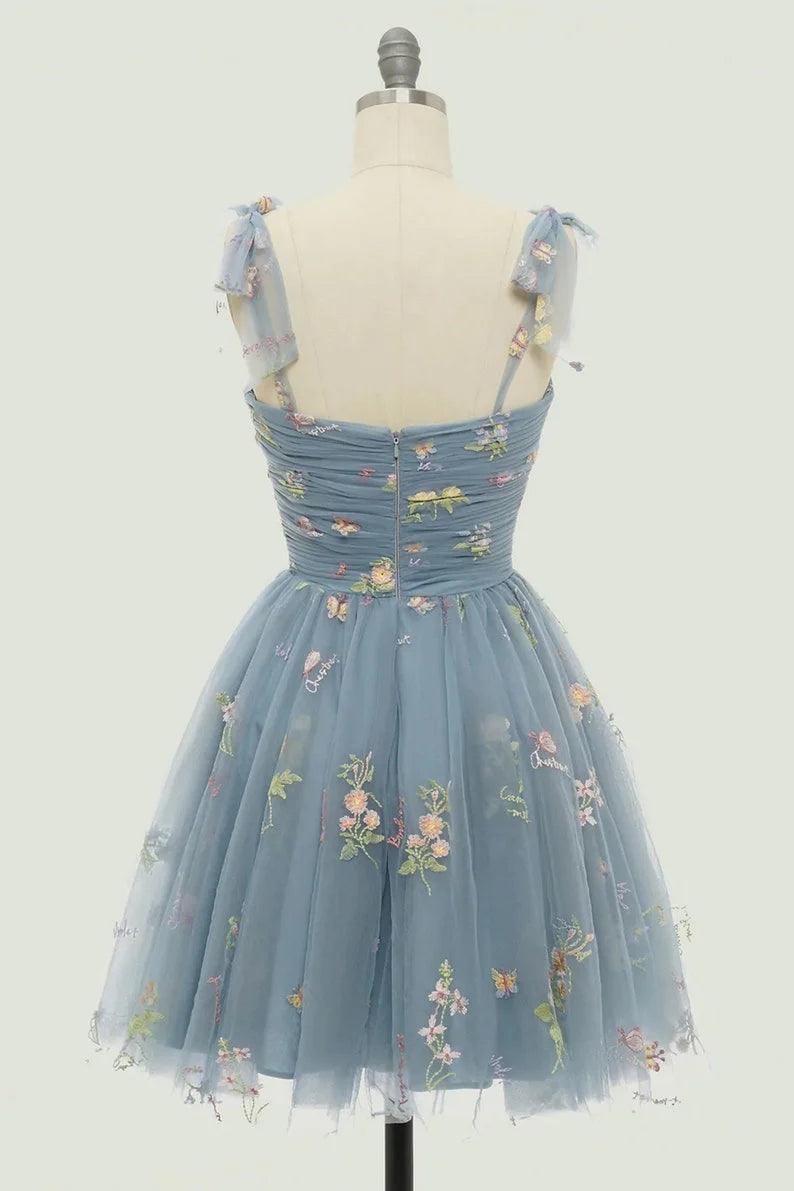 Spaghetti Straps Sleeveless A Line Tulle Floral Short Homecoming Dresses - Image 5
